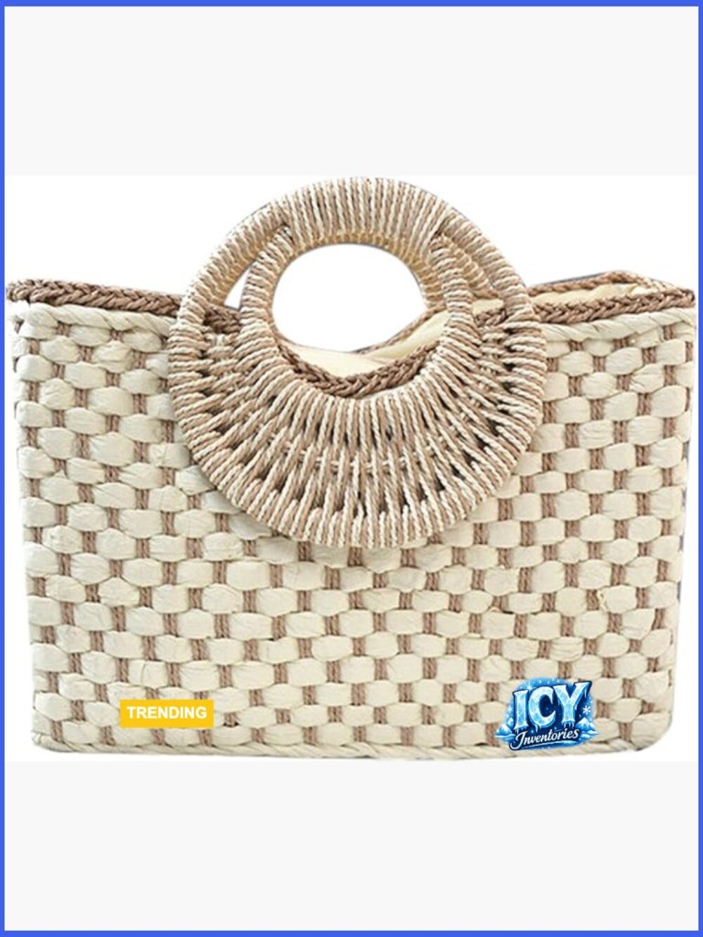 Hand-woven Rattan Straw Tote Bag with Wood Handle for Beach Travel